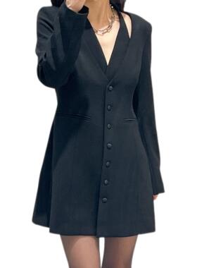 挂脖假两件黑色修身小众气质连衣裙挂脖A摆裙洛杉矶CORA&WYNN