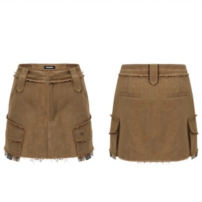 A字双口袋半裙 下摆格纹拼接工装短裙 设计师Senseaweek