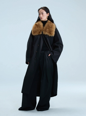 黑色廓形毛领风衣气质宽松撞色长大衣SIP CLASS设计师品牌