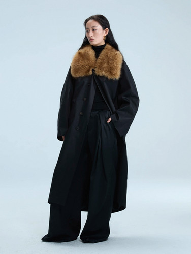 黑色廓形毛领风衣气质宽松撞色长大衣SIP CLASS设计师品牌