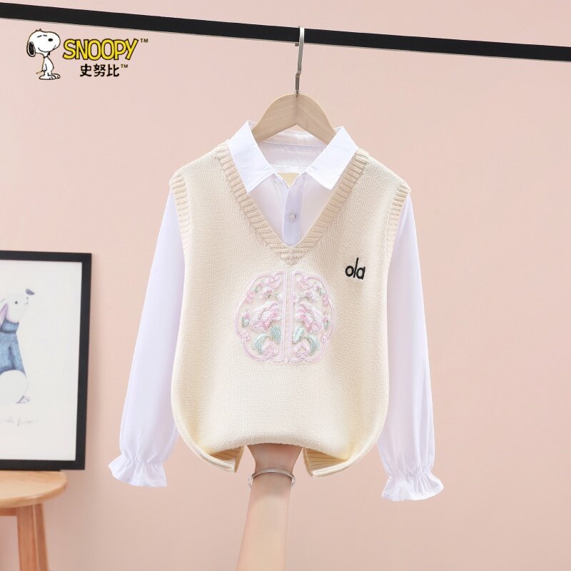 史努比女童衬衫针织背心假两件春秋季中国风100%纯棉儿童马甲背心