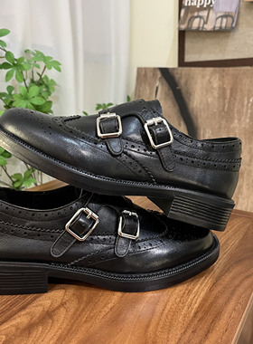 头层牛皮英伦风布洛克雕花鞋女软黑色真皮圆头搭扣软底百搭小皮鞋