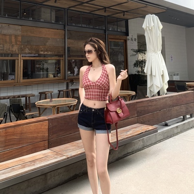 sunn21 美式辣妹红色格纹挂脖背心女夏复古露背V领设计系系带上衣