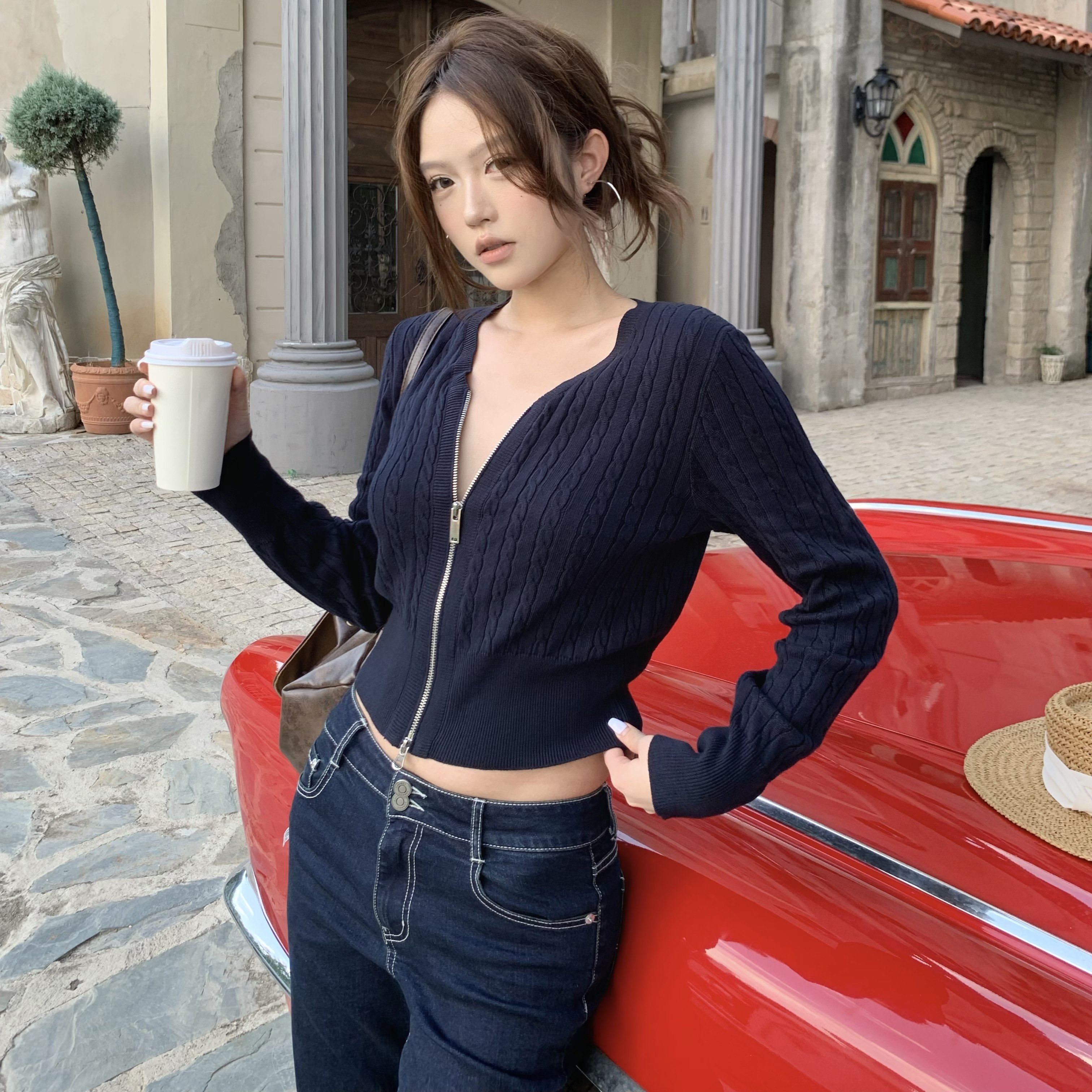 sunn21双开拉链绞花开衫毛衣外套女秋季新款修身显瘦内搭打底上衣,女装/女士精品,毛针织衫,淘宝优惠券,粉丝福利购,淘宝优惠卷