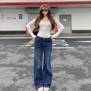 sunn21复古中蓝中低腰阔腿微喇牛仔裤女秋冬手工猫须百搭显瘦长裤