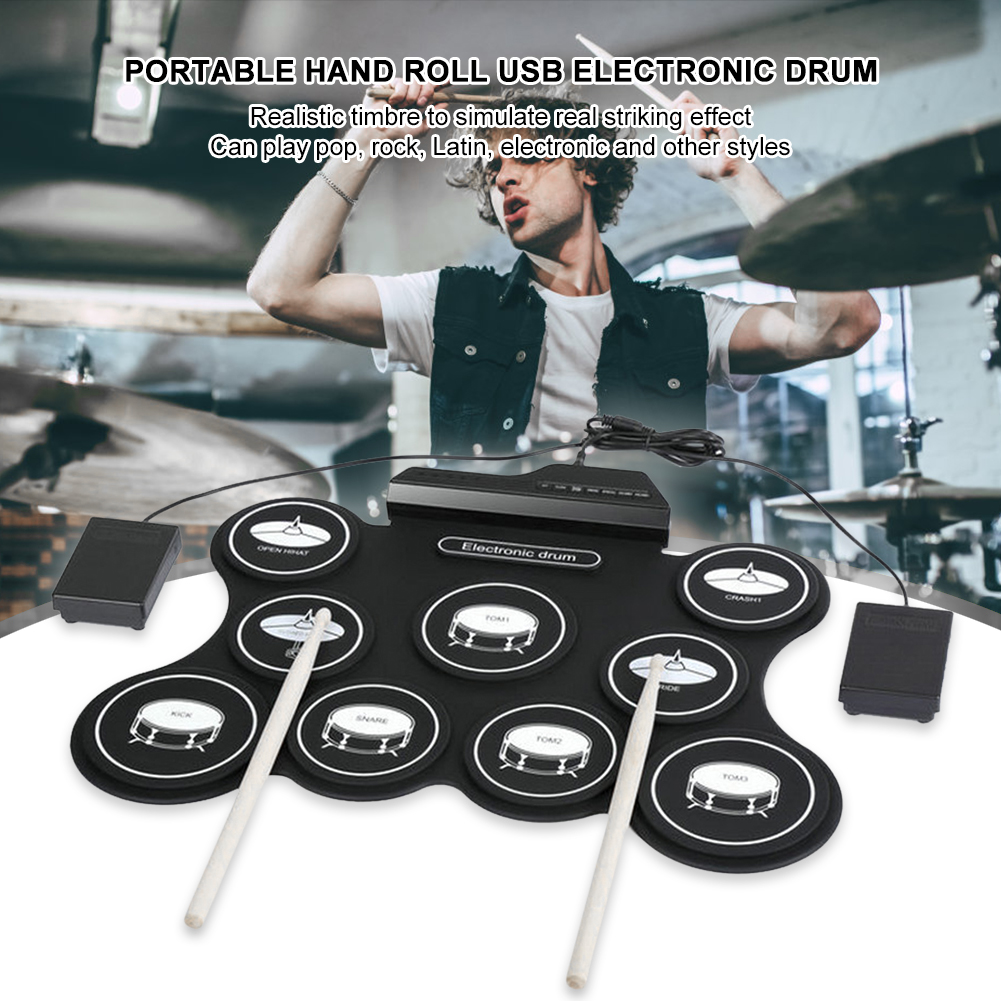 Portable Electronic Drum Set USB Roll Up Drum Pad Kit 9 Drum