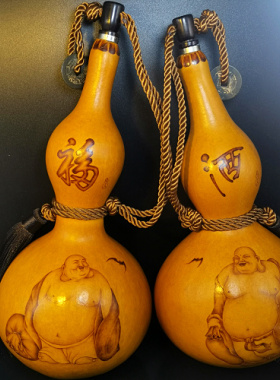 丰一阁精品烫画佛像包浆天然本长酒葫芦防水蜂蜡酒具摆件葫芦配对