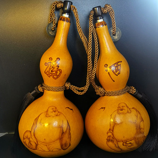 丰一阁精品烫画佛像包浆天然本长酒葫芦防水蜂蜡酒具摆件葫芦配对