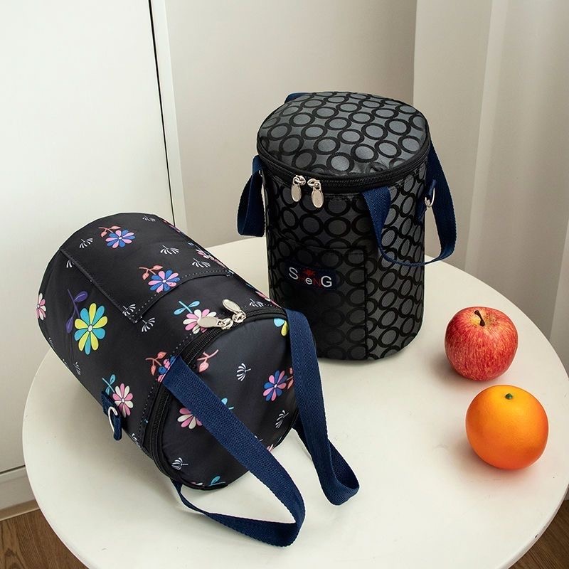 加厚保温袋饭盒袋新款铝箔圆桶保温桶多功能斜挎便当包桶型带饭包