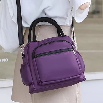 手提包妈咪包格子尼龙布加厚防水斜挎包纯色手拎小布包拉链饭盒袋