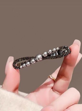 气质珍珠发卡女黑色蝴蝶结金属发夹高级感侧边夹刘海夹简约鸭嘴夹