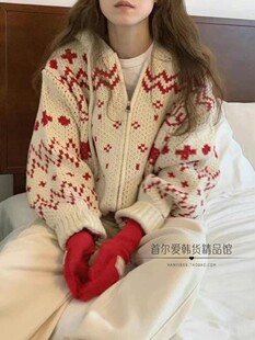 韩国东大门代购圣诞麋鹿连帽开衫毛衣 超厚实 24秋冬保暖针织外套