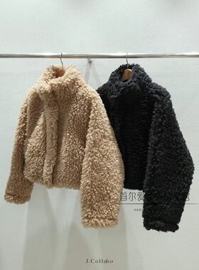 韩国代购立领毛绒绒短款外套女