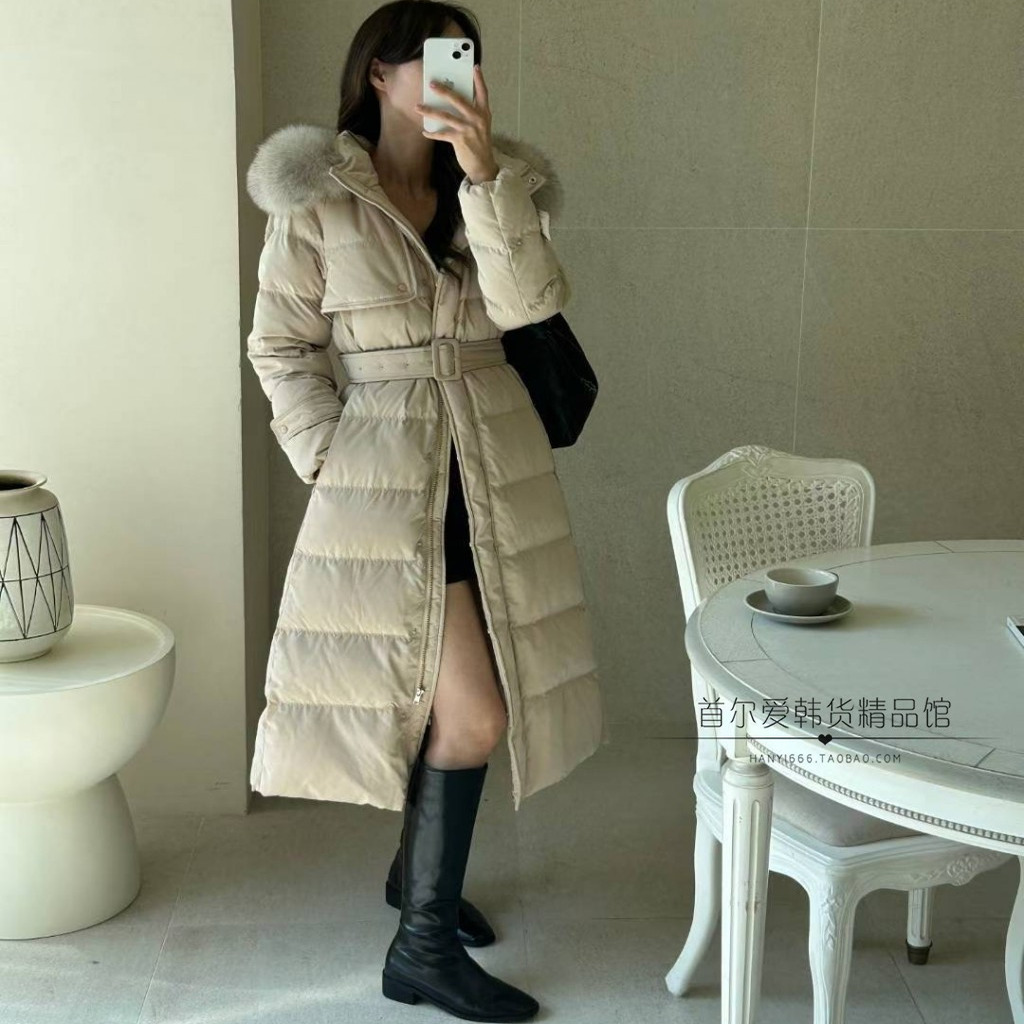 韩国代购大毛领修身长款披肩羽绒服 24冬季加厚保暖A字型鸭绒外套