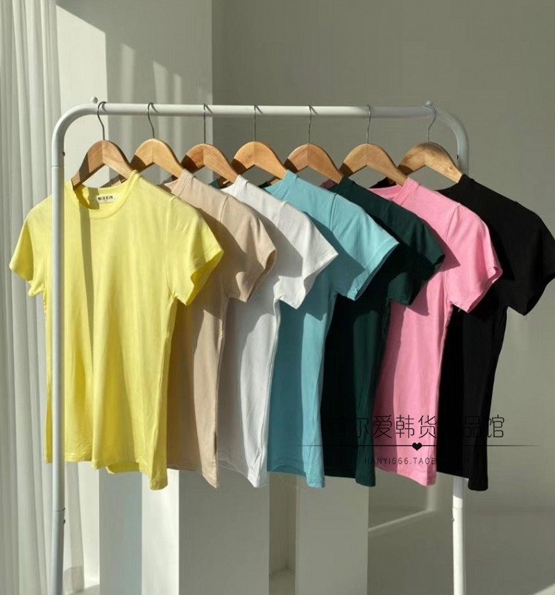 韩国代购纯色百搭圆领短袖T恤女 柔软弹力大25夏季套头打底衫上衣
