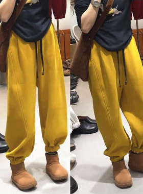 2025新款黄色加绒加厚卫裤爆款休闲束脚裤女款宽松显瘦裤子