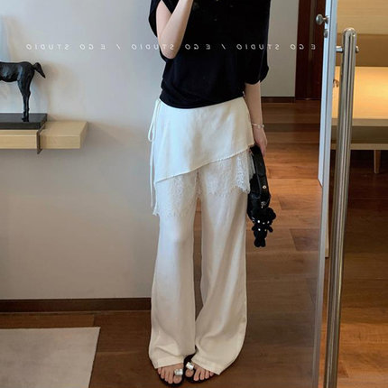 夏季新款设计感拼接屁帘高腰阔腿裤女韩版高腰垂感休闲裤直筒裤