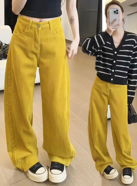 秋冬款韩系显瘦高腰黄色休闲裤女灯芯绒宽松垂感时尚拖地长裤子