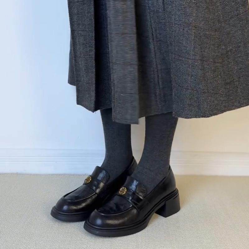 羊皮~英伦复古厚底粗跟山茶花乐福鞋女配裙子皮鞋通勤黑色工作鞋,女鞋,乐福鞋（豆豆鞋）,淘宝优惠券,粉丝福利购,淘宝优惠卷