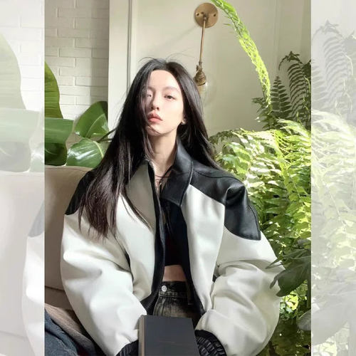 美式复古黑白皮衣机车外套女2024今年流行高级感棒球服夹克上衣潮