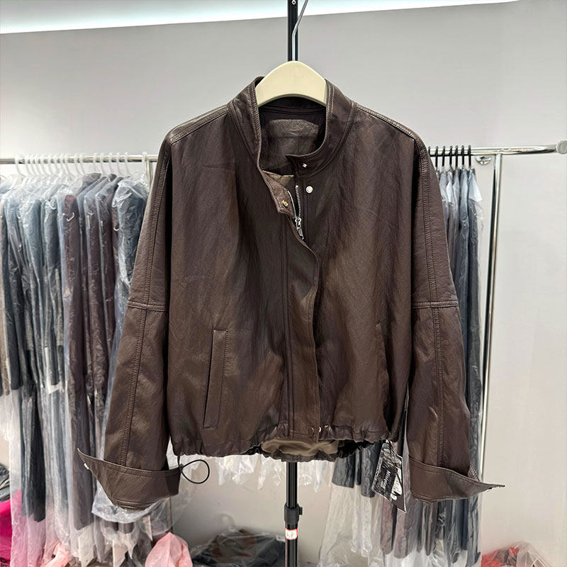 欧货2024秋季新款宽松抽绳显瘦立领皮衣外套女短款百搭夹克上衣潮