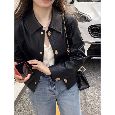 黑色pu皮衣女外套秋季2024新款设计感小众翻领金扣短款机车服上衣