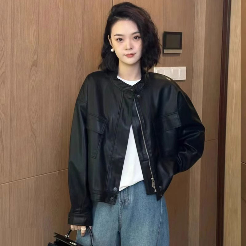 2024春秋季新款港风休闲PU皮衣外套短款韩版宽松复古机车皮夹克女