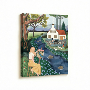 LisaMasse无框画溪边写生少女乡野小屋场景卧室客厅装饰画挂画