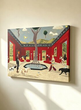 无框画Yukiko复古猎犬骏马古树红墙餐厅高级感艺术客厅装饰画挂画