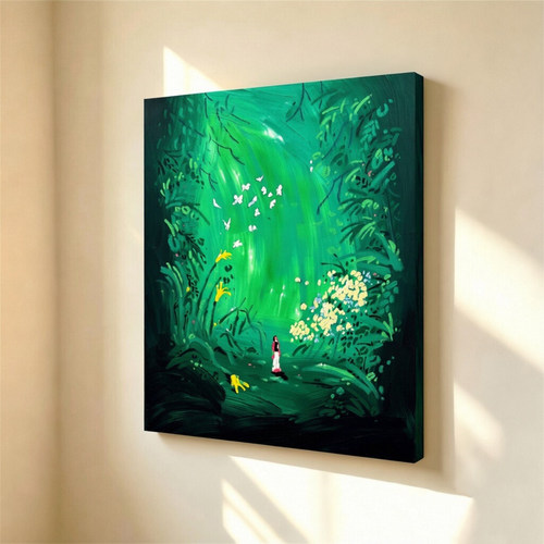 无框画ohjpaint梦幻森林绿光秘境蝴蝶花丛人物卧室客厅装饰画挂画