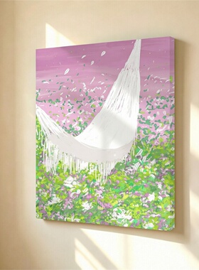 无框画fridaock粉调花海白色流苏吊床温柔治愈卧室客厅装饰画挂画