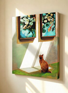 无框画Timothy猫咪治愈橘猫莫奈风荷塘锦鲤浅绿卧室客厅装饰挂画