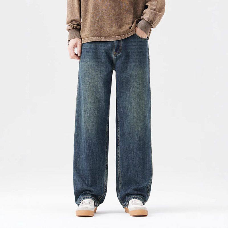 秋冬窄版阔腿宽松直筒怀旧水洗蓝色牛仔裤男百搭宽松阔腿裤男潮