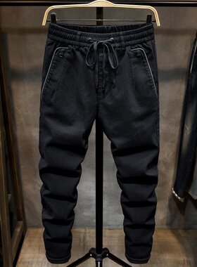 黑色休闲裤男修身小脚潮流韩版长裤系带松紧腰男裤子2023夏季新款
