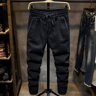 黑色休闲裤男修身小脚潮流韩版长裤系带松紧腰男裤子2023夏季新款