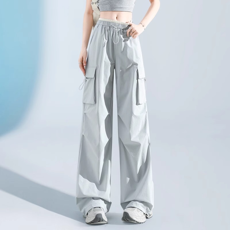 加长蓝灰色冰丝防晒阔腿工装裤女2025夏薄款按扣抽绳运动速干裤子