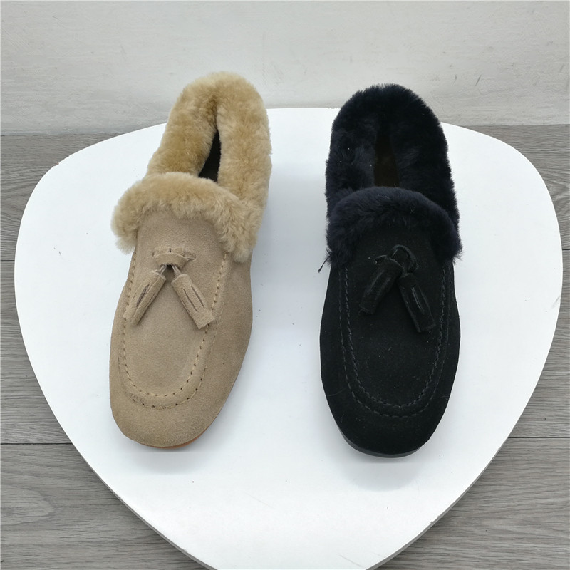 工厂新款断码真皮女鞋圆头平底磨砂皮羊毛里毛口保暖套脚女棉鞋潮
