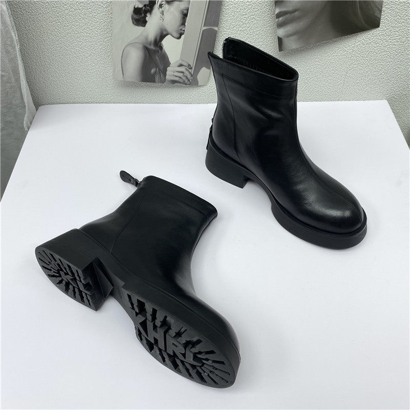 外贸撤柜真皮女靴粗中跟马丁靴