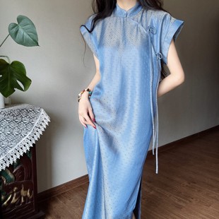 新中式国风改良真丝旗袍裙长款蓝色复古女装遮肉显瘦修身连衣裙