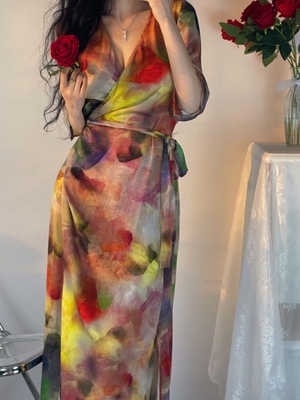 复古连衣裙珍珠缎扎染裹身裙原创