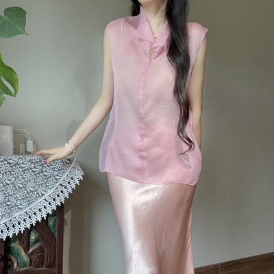 新中式粉色无袖衬衫女款真丝罩衫