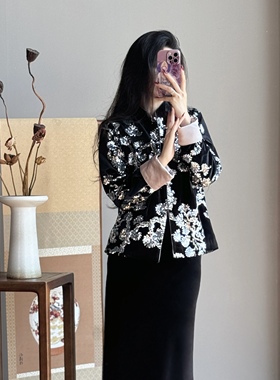 起源学 秋冬新款黑色丝绒亮片国风新中式老钱风圆领刺绣上衣外套