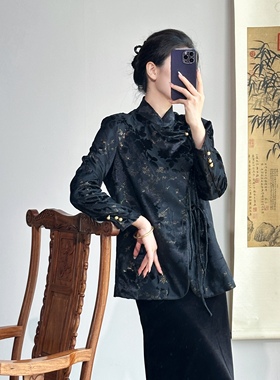 起源学新中式黑色黑金外套女秋冬新款百搭高级感宽松休闲国风上衣