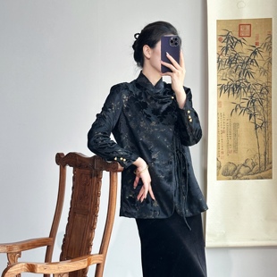 起源学新中式黑色黑金外套女秋冬新款百搭高级感宽松休闲国风上衣