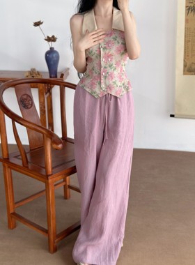 新中式国风夏季紫色长裤女亚麻松紧腰阔腿裤拖地长裤子女