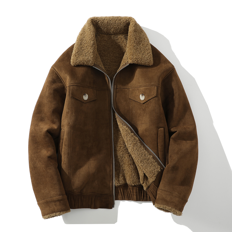 冬季新款皮毛一体大码加绒加厚短款机车服男羊羔毛翻领棉服外套潮