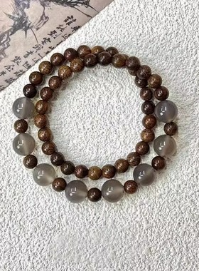 新款古风新中式叠戴双层木纹串珠手链小众文艺风闺蜜礼物