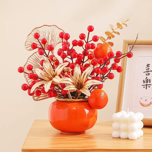 空桶柿柿如意插花桶乔迁新婚发财果福桶搬家客厅红果仿真花摆件