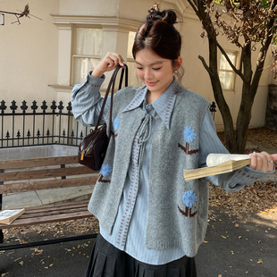 欧尼不胖胖mm时尚长袖衬衫套装百搭上衣外搭复古秋冬坎肩宽松套装