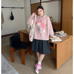 小草宽松定制大码女装美式复古彩点连帽毛衣秋冬款软糯慵懒针织衫